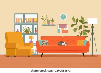 Living room interior. Comfortable sofa,  bookcase, chair and house plants. Vector flat illustration