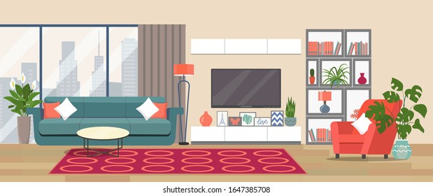 Living room interior. Comfortable sofa, TV,  window, chair and house plants. Vector flat illustration