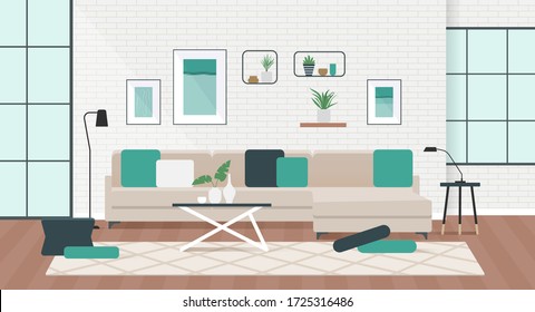 Living room interior with comfortable sofa, coffee table and plants