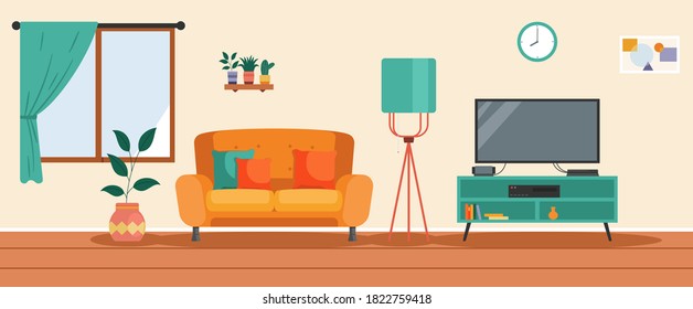 El interior de la sala de estar. Cómodo sofá, TV, ventana, silla y plantas de la casa. Ilustración plana del vector