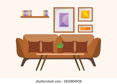 Living room interior. Comfortable sofa,  chair and house plants. Vector flat illustration