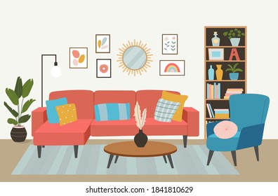 Wohnzimmereinrichtung. Komfortables Sofa, Bücherregal, Sessel und Hauspflanzen. Vektorgrafik