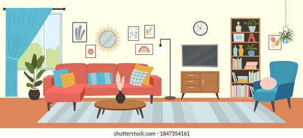 Living room interior. Comfortable sofa, TV,  window, chair and house plants. Vector flat style illustration