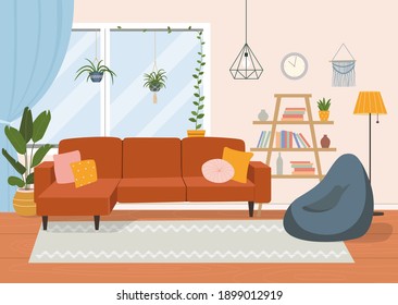 Living room interior. Comfortable sofa,  window, chair and house plants. Vector flat illustration