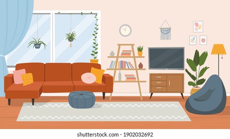 Living room interior. Comfortable sofa, TV,  window, chair and house plants. Vector flat cartoon illustration