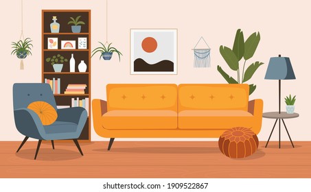 Living room interior. Comfortable sofa,  bookcase, chair and house plants. Vector flat style cartoon illustration