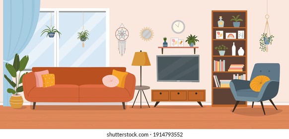 Living Room Interior. Comfortable Sofa, TV,  Window, Chair And House Plants. Vector Flat Cartoon Illustration