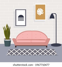 Living room interior with comfortable sofa, lamp and plant. Cartoon vector illustration of modern lounge with carpet and pictures on wall.