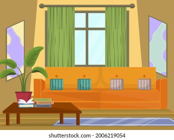 Living room interior. Comfortable sofa, house plants, window, and carpet. Flat style vector illustration.