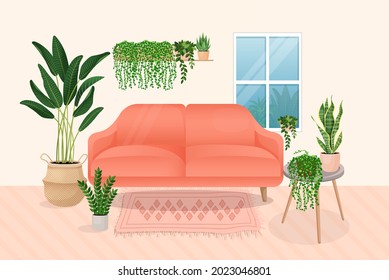 Living room interior. Comfortable sofa, window, table with plants, carpet, ficus, monstera. Vector flat illustration of the room.