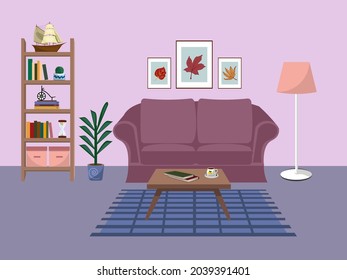 Interior en sala de estar con sofá cómodo, biblioteca, plantas de la casa y decoración de la casa. Ilustración vectorial de dibujos animados planos