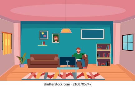 Living room interior. Comfortable sofa, TV, window, chair and house plants.