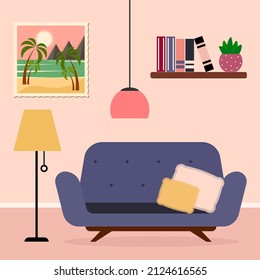 Living room interior, comfortable sofa, bookshelf, painting, indoor plants, lamps, cartoon design. Vector illustration in a flat style.