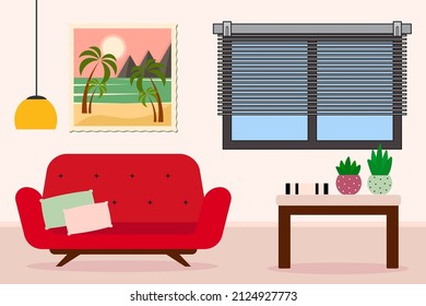Living room interior. Comfortable sofa, window, lamp, picture, table, indoor plants. Vector illustration in a flat style.
