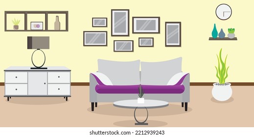  Wohnzimmereinrichtung. Komfortables Sofa, Bücherregal, Sessel und Hauspflanzen. Vektorgrafik
