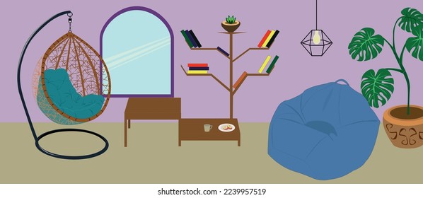 Living room interior. Comfortable sofa, window, armchair and indoor plants, bookshelves. Vector flat illustration