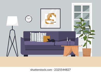 Living room interior. Comfortable sofa, coffee table, cat and house plants. Vector flat illustration