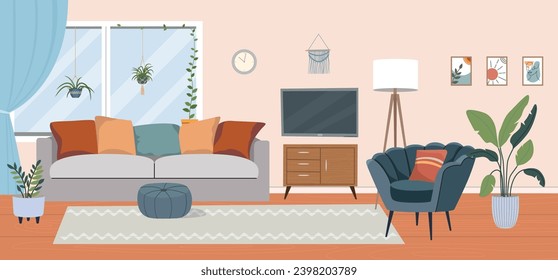 Living room interior. Comfortable sofa, TV,  window, chair and house plants. Vector flat cartoon illustration