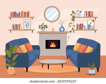 El interior de la sala de estar. Cómodo sofá, chimenea y plantas de la casa. Ilustración de dibujos animados planos vectoriales