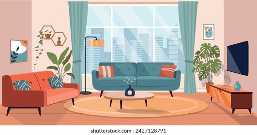 Living room interior. Comfortable sofa, TV,  window, chair and house plants. Vector flat illustration