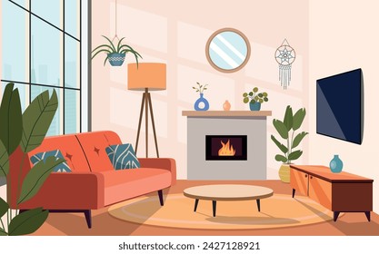 Living room interior. Comfortable sofa, window,  fireplace and house plants. Vector flat cartoon illustration