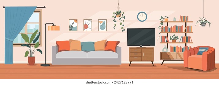 Living room interior. Comfortable sofa, TV,  window, chair and house plants. Vector flat illustration