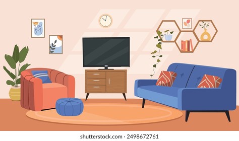 Living room interior. Comfortable sofa, chair, TV and house plants. Vector flat cartoon illustration