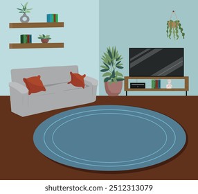 Living room interior. Comfortable sofa, TV and house plants. Vector flat cartoon illustration.