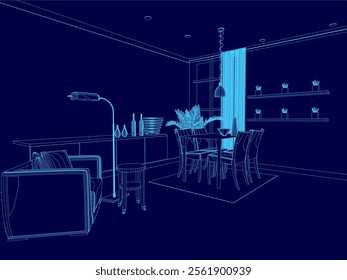 Living room interior. Comfortable sofa, TV, window, chair and house plants. Vector flat illustration