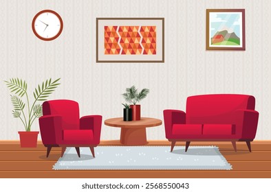 Living room interior. Comfortable sofa, Carpet, window, table and house plants. Vector illustration