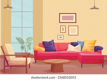 Living room interior. Comfortable sofa with pillow, house plants and round table. Vector illustration