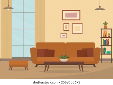 Living room interior. Comfortable sofa, show case, wall frames and house plants. Vector illustration