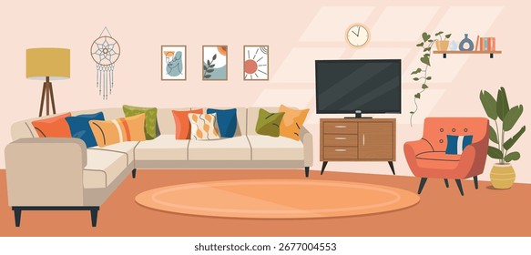 Living room interior. Comfortable sofa, chair, TV and house plants. Vector flat cartoon illustration