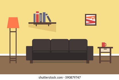 Living room interior with comfortable sofa and book shelf, flat style vector illustration.