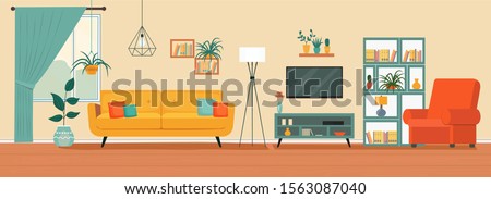 Living room interior. Comfortable sofa, TV,  window, chair and house plants. Vector flat illustration