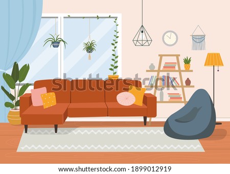 Living room interior. Comfortable sofa,  window, chair and house plants. Vector flat illustration