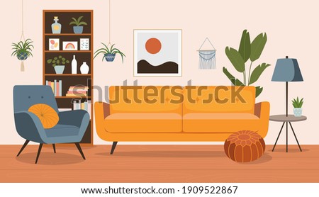 Living room interior. Comfortable sofa,  bookcase, chair and house plants. Vector flat style cartoon illustration