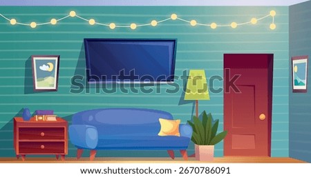 Living room interior. Comfortable sofa couch and tv inside house, empty livingroom for lounge home relax festive garland on wall indoor background vector illustration original artwork