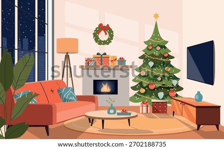 Living room interior. Comfortable sofa, window,  fireplace and Christmas tree. Vector flat cartoon illustration