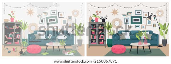 Living room interior composition divided to\
clean and dirty halves with pieces of furniture and decorations\
vector illustration