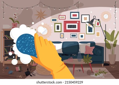 Living room interior composition with human hand wearing rubber glove holding sponge cleaning up room picture vector illustration