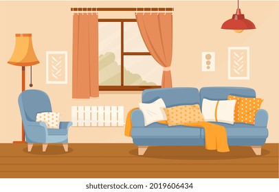 Living room interior concept. Beautiful room with fashionable furniture and decor. Sofa, armchair, lamp, curtains, paintings. Design solution for house. Cartoon colorful flat vector illustration