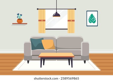  Living room interior concept. Colored flat vector illustration isolated