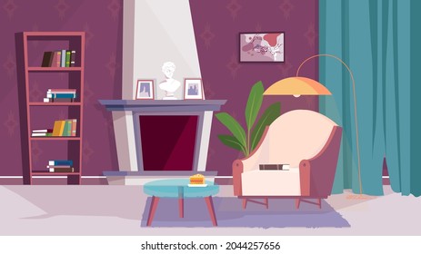 Living room interior concept in flat cartoon design. Fireplace in room, cozy armchair and coffee table, bookshelf, paintings at wall, plants and floor lamp. Vector illustration horizontal background