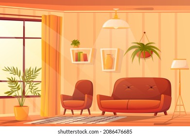 Living room interior concept in flat cartoon design. Apartment with couch and armchair, floor lamp, carpet, bookshelves, decor, plants and huge window with curtains. Vector illustration background