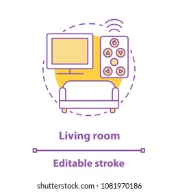 Living room interior concept icon. Room design idea thin line illustration. TV, remote control and sofa. Vector isolated outline drawing. Editable stroke