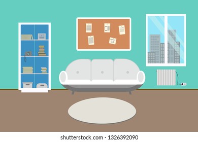 Living room interior concept with modern furniture set flat vector illustration .  Cozy interior with sofa