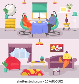 Living room interior concept with modern furniture banners set flat vector illustration. Couple sitting in armchairs at table, woman on sofa with cats in her living room, house appartment with window.