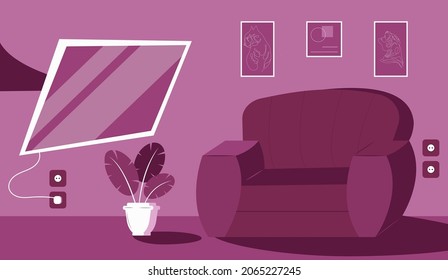Living room interior concept with modern furniture set of flat vector. Interior design of the living room with furniture: sofa,  TV