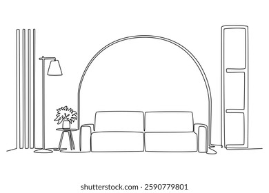 Living room interior concept. Single line draw design vector graphic illustration.